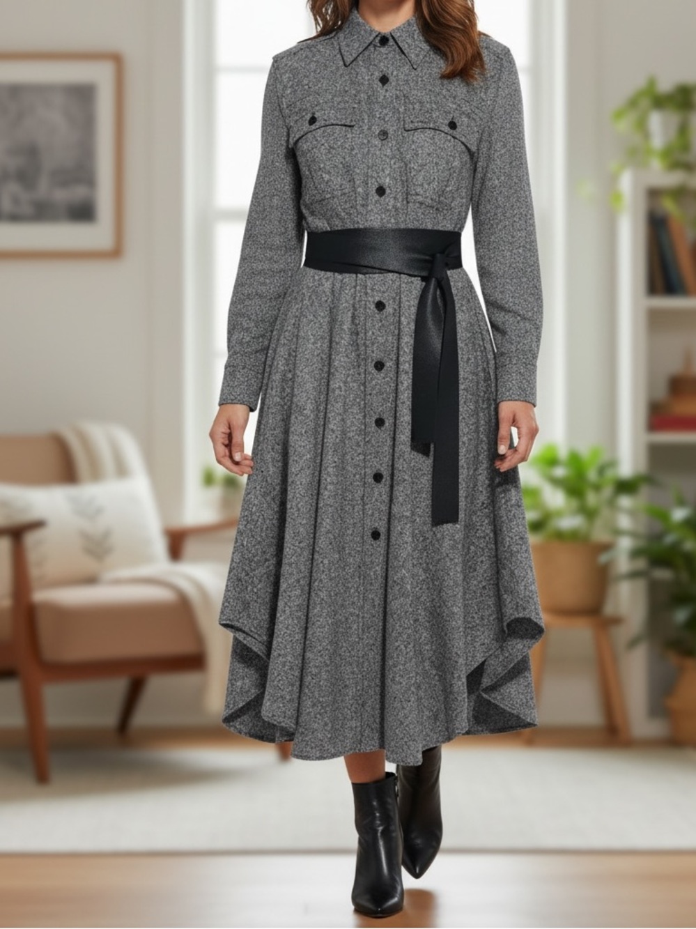 Stella McCartney Marled Tweed Wool Midi Shirt Dress Women 12 Anthracite